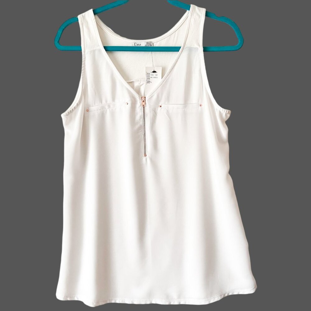 Dex Clothing NWT Women's White Zip Front Sleeveless Blouse Size Large